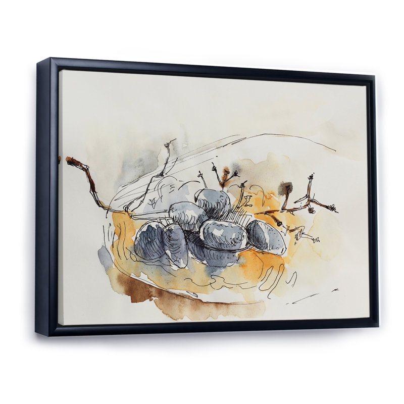 Raisins bleu foncé sur une plaque orange - peinture sur toile, H 16 po x l 32 po, Cadre flottant noir