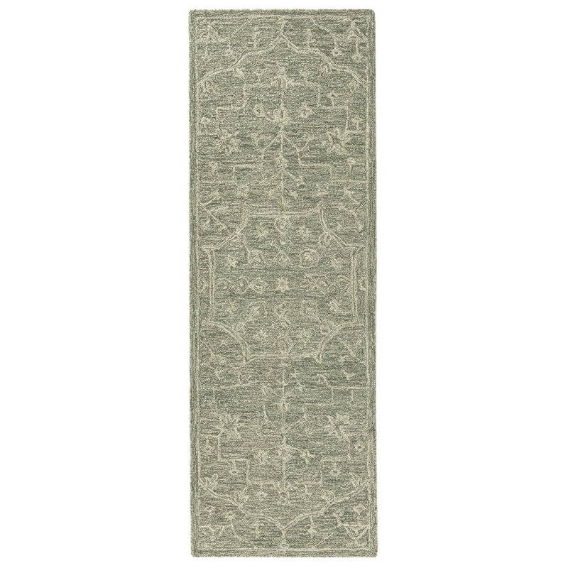 Ivy Handmade Transitional Distressed Floral Motif Tufted Wool Hallway Runner Rug, Runner 2'6" x 7' 6", Green