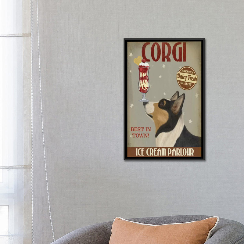 Impression sur toile tendue Fab Funky «Corgi Ice Cream», H 60 po x l 40po x P 1,5 po, Toile avec cadre noir, Pas de tapis