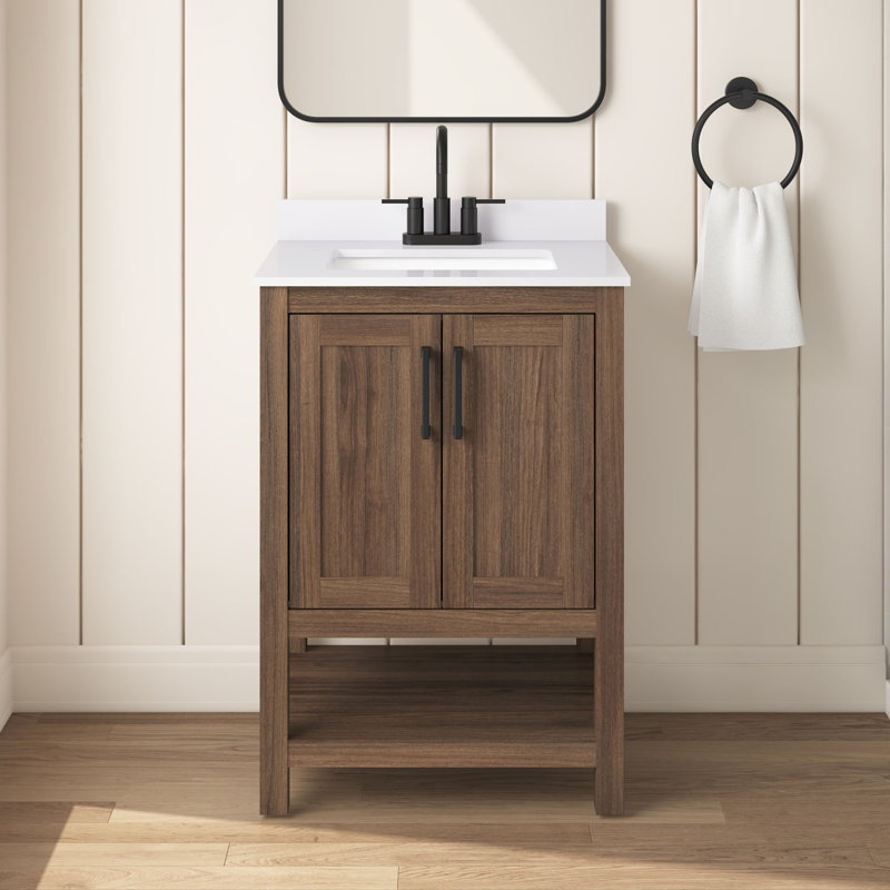 Meuble-lavabo simple OVE Vegas de 76 cm (30 po) en noyer épicé, comptoir en pierre reconstituée blanc tourterelle, quincaillerie noire mate