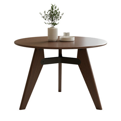 Solid Red Oak Round Dining Table with Black Metal Cross Brace, Tripod Legs, Walnut, 43.31inch