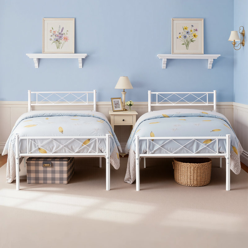 Ensemble de 2 cadres de lit avec tête et pied de lit, ensemble de 2 lits plateforme en métal blanc avec support de lattes robuste, sommier sans bruit, aucun sommier nécessaire pour une chambre d'enfant, une chambre d'amis ou un dortoir