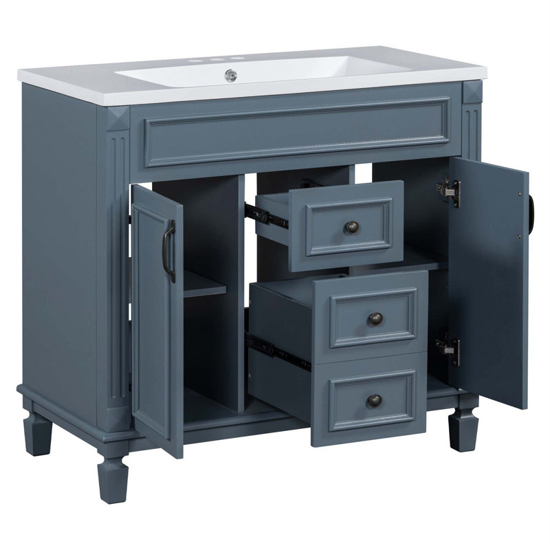 Meuble-lavabo 36 po avec lavabo supérieur, armoire de rangement moderne avec 2 portes à fermeture douce et 2 tiroirs, meuble-lavabo simple