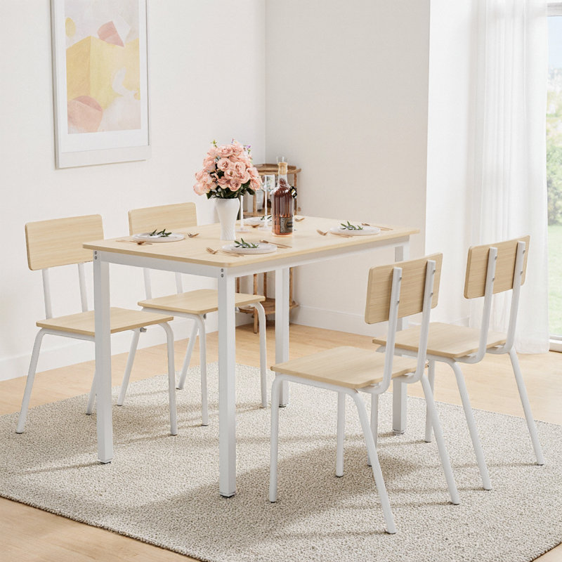 5-Piece Dining Table Set with 4 Chairs, Oak, Oak, White