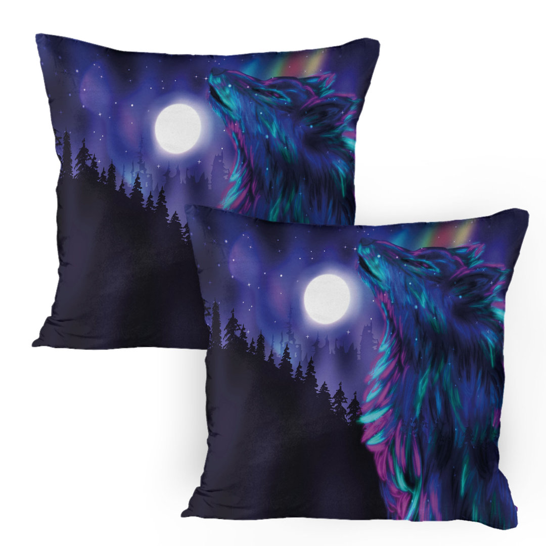 Kissenbezug Packung mit 2, Aurora Borealis und Wolf, Indigo Aqua Magenta