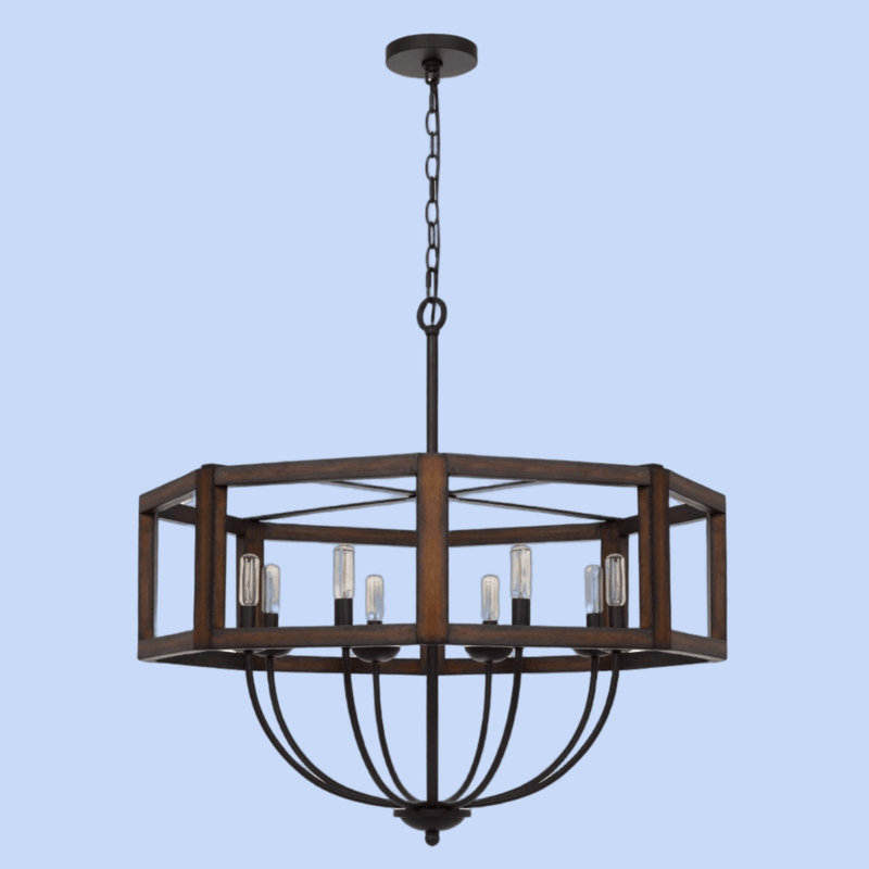 Lustre hexagonal en bois d'hévéa et en métal rentable en chêne et bronze foncé Renton