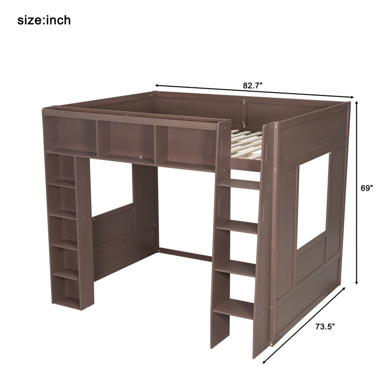 Queen Size Wooden Loft Bed with Storage Cabinets and Shelves, Brown, Brown
