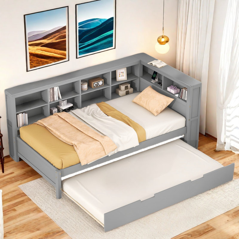 Lit de jour avec couchette Nelse, tablette de rangement et USB, Simple, Gris