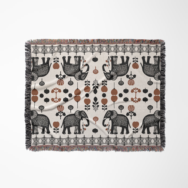 Jeté en mélange de coton Gardo Elephant, Noir / orange brûlé / blanc cassé, L 80 po x l 60 po