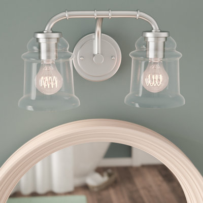 Akini 2-Light 14.75 inch Wide Satin Nickel Industrial Bathroom Vanity Lighting Fixture, Clear Glass Shade, Dimmable, LED Compatible, Over the Mirror Mounted Steel Wall Sconce