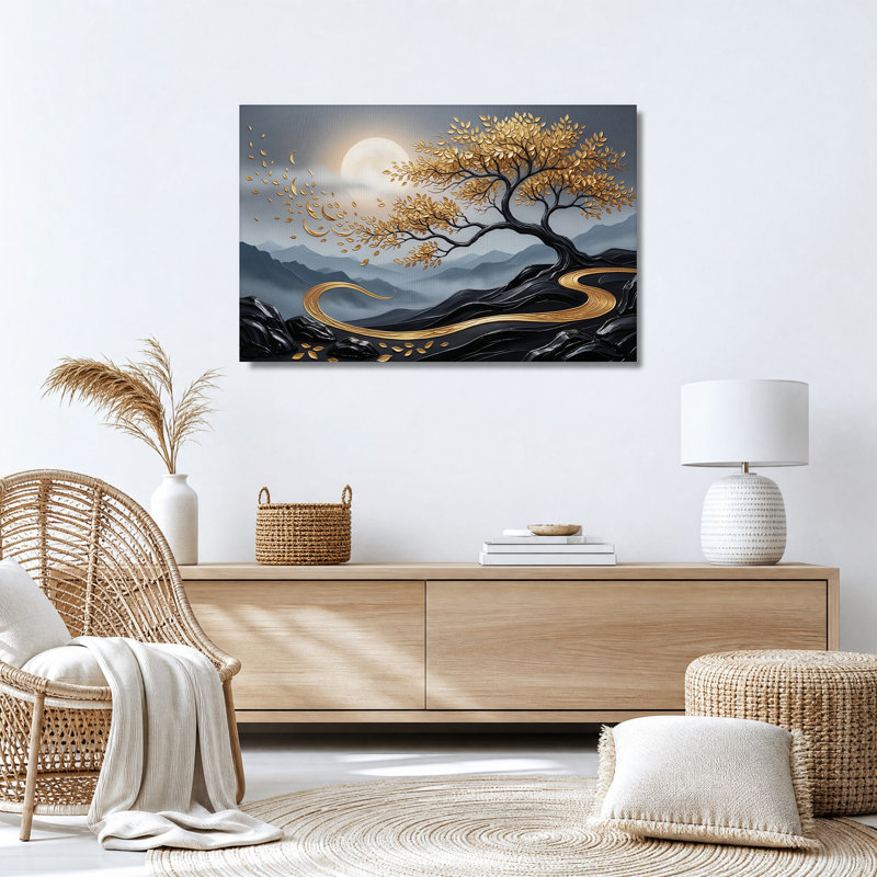 Tableau sur toile « Arbre doré et montagnes au clair de lune », 12"H x 18"W