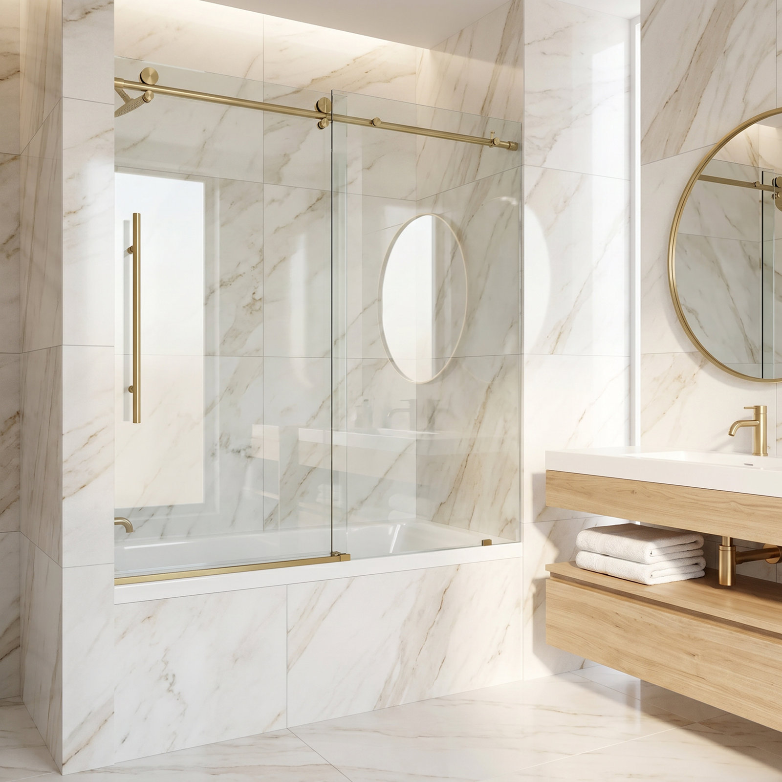 Elan E-Class Frameless Sliding Tub Door, Matte Gold