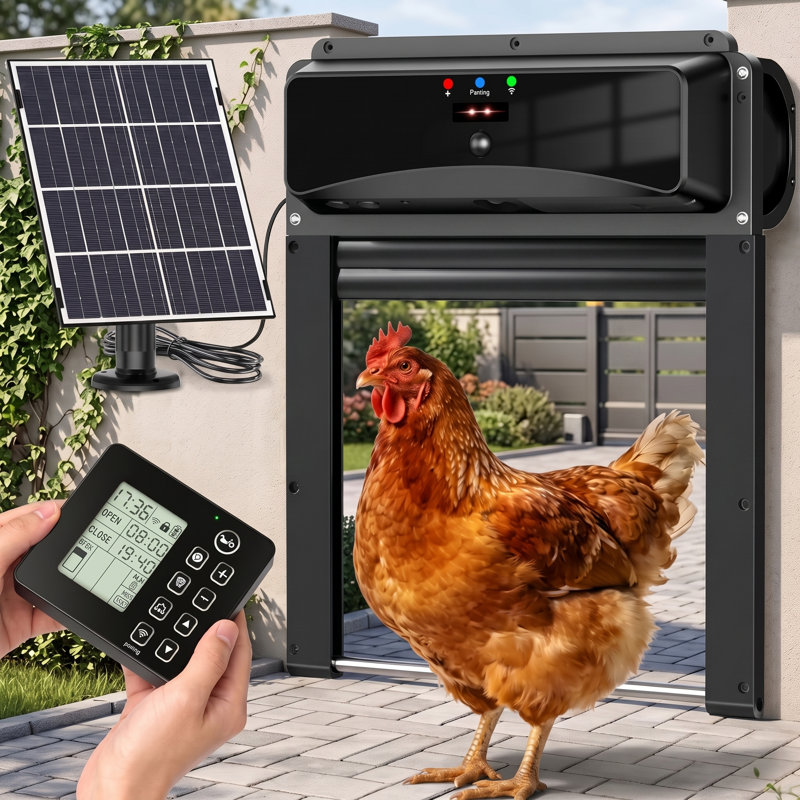 Porte d'accès pour poulailler à enroulement à énergie solaire avec affichage à télécommande, fonction de surveillance sans fil Far-Reach de 393 pieds, détecteur de mouvement intégré anti-pincement pour barrière anti-prédateur, fonctionnement sans WiFi