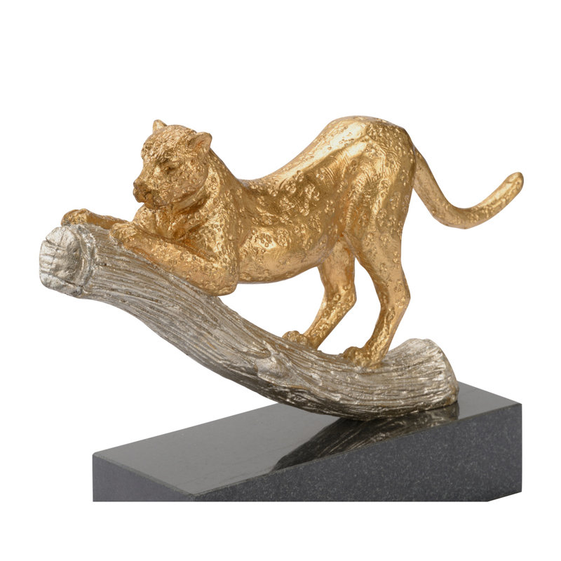 Figurine léopard à la chasse, Or métallique / argent métallique / noir