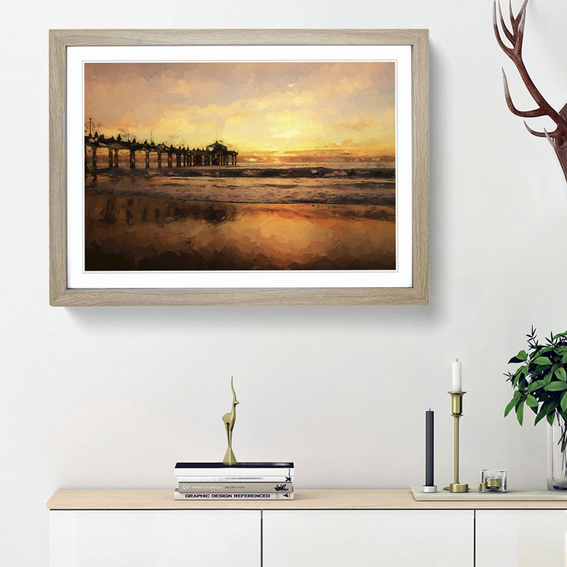 Sunset Behind the Pier in Abstract - Picture Frame Painting Print, Oak Framed, 62cm H x 87cm W x 2cm D