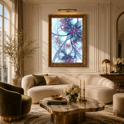 Art mural sur toile cyan et mauve fractal avec détails dorés