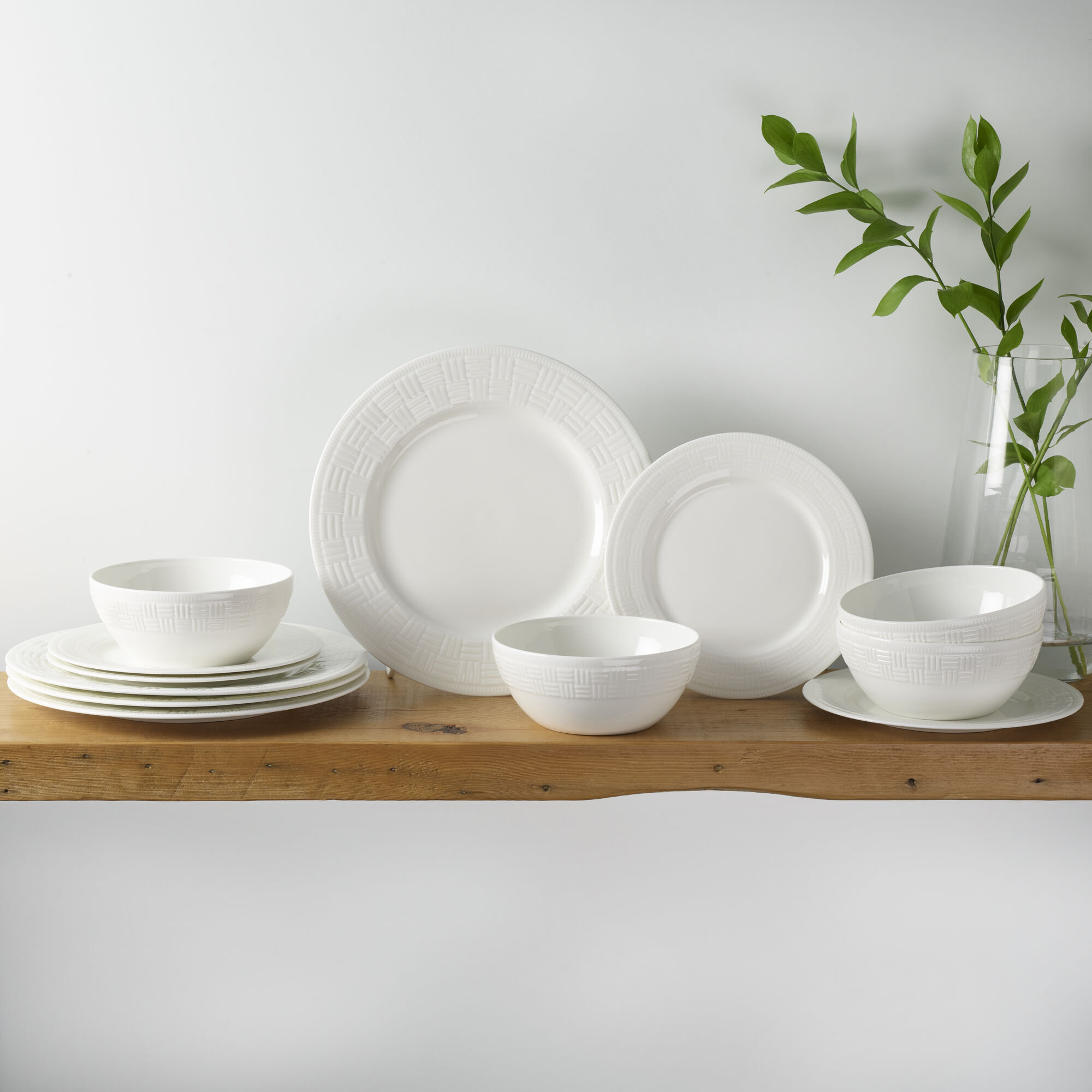 Mikasa Ashlyn Vegan Bone China Chip Resistant 12 Piece Dinnerware Set, White, Service For 4