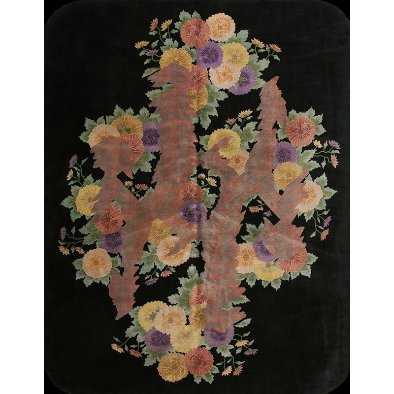 Wool Hand Knotted Pile 1920s Floral Medallion Antique Black Rectangle Rug