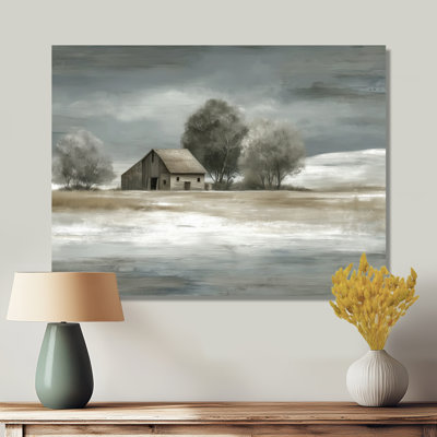 White Grey Farmhouse In Winter Countryside Landscape - Barn Farm Ranch Wall Art, White Farmhouse Canvas Print