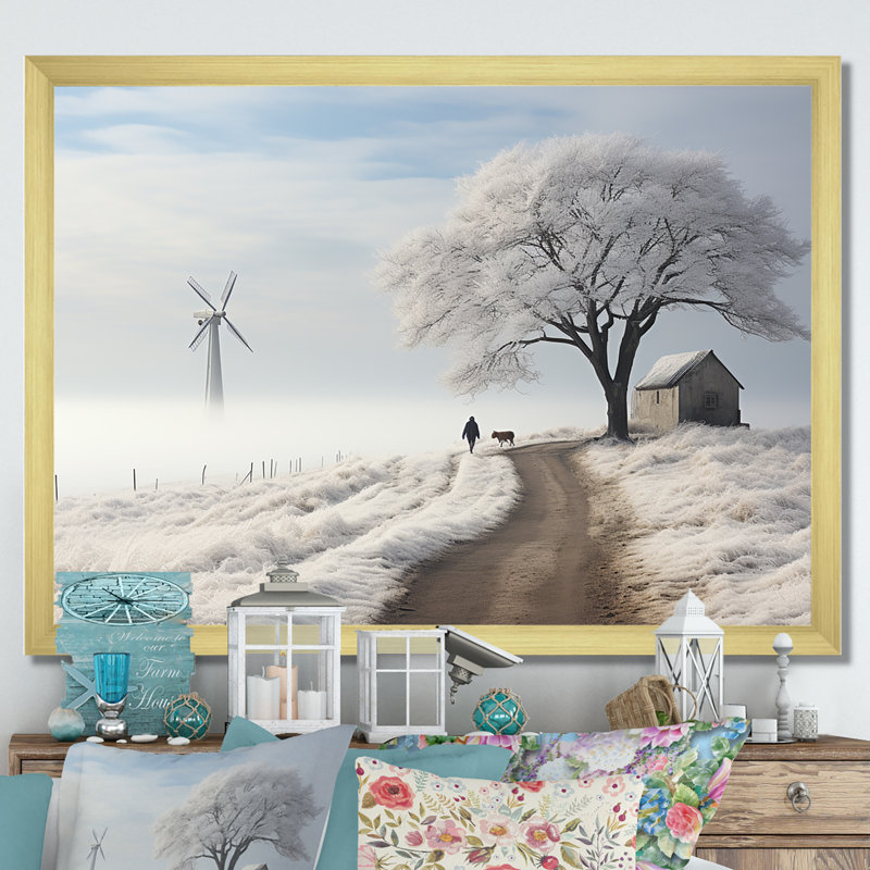 Éoliennes, paysage d'hiver, Cadre doré simple, H 34 po x l 44 po x P 1,5 po