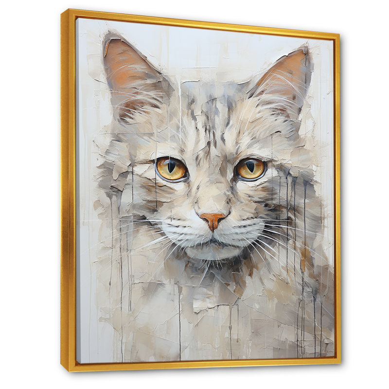 Minimalisme, portrait de chat beige - impressions murales de chat, H 32 po x l 16 po x P 1 po, Cadre flottant doré