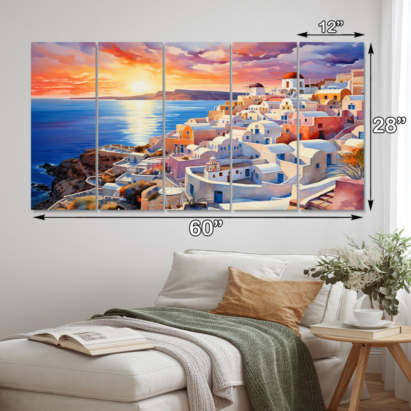 Grèce Oia Splendor I - art mural sur toile de paysages urbains - 5 panneaux égaux