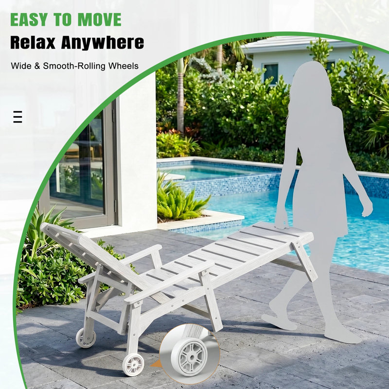Oversized HDPE Chaise Lounges – Adjustable 5-Position Outdoor Recliners with Wheels & Cup Holders, Weather-Resistant for Patio, Pool, Garden, White, Set of 4