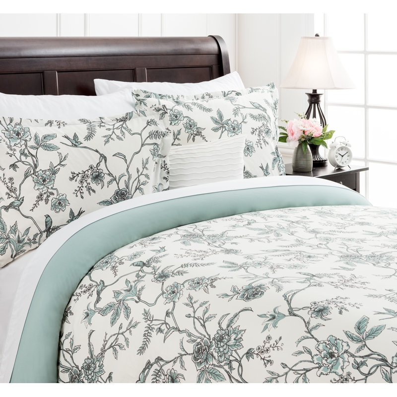 Microfiber Reversible 3 Piece Duvet Cover Set, Queen Duvet Cover + 2 Shams, Toile Sage