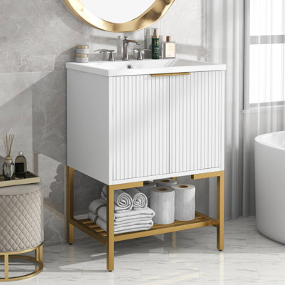 24"" Bathroom Vanity With Sink, Bathroom Vanity Cabinet With Two Doors And Gold Metal Frame, Open Storage Shelf, White -  Everly Quinn, F47C9DF6DD724857ABAEC9DDDF86AF8B