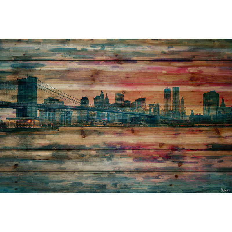 Pont au crépuscule, peinture par Parvez Taj - reproduction sur bois, H 8 po x l 12 po x P 1,5 po