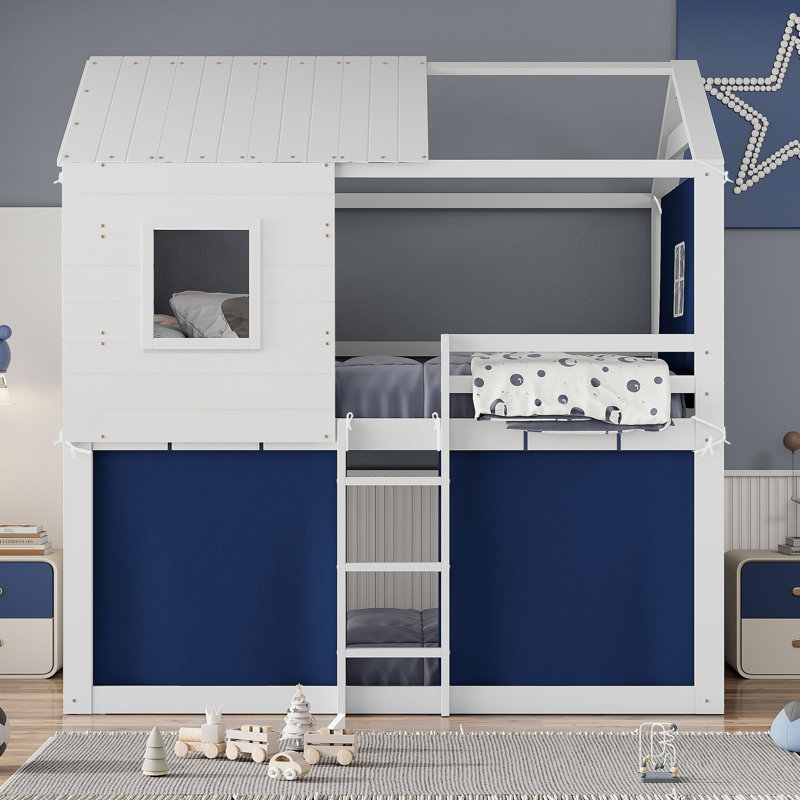 Lit superposé double avec tente, lit mezzanine en bois pour enfants - conception de cabane dans les arbres pour la chambre à coucher, bleu et blanc