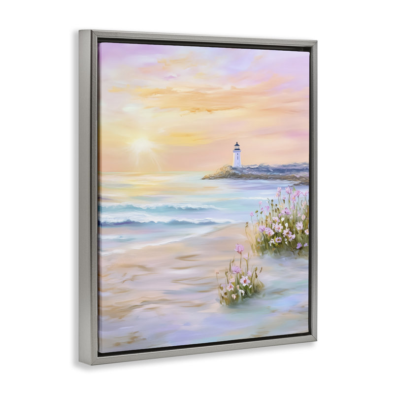 Warm Sunrise with Distant Lighthouse Floating Frame, design by Arlington Prints, Lustre Grey Floater Frame, 31" H x 25" W