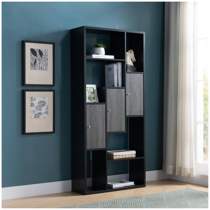 Bibliothèque avec étagère de rangement, plusieurs tablettes, noir et gris vieilli