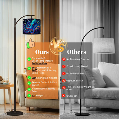 Arc Floor Lamp with Adjustable Lampshade Octopus Blue Space Galaxy Coastal Curled Tentacles Suction Cups Standing Lamp 3 Color Temperatures Dimmable Tall Pole Lamp with Foot Switch for Bedroom