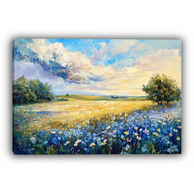 Blue Wildflower Meadow Landscape Wrapped Canvas Wall Art, Impressionist Floral Field Painting, Modern Farmhouse Wall Decor