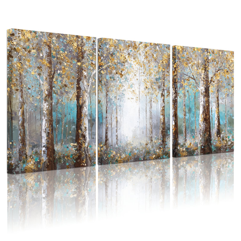 Ensemble de 3 toiles murales représentant un paysage de forêt de bouleaux en automne, H 18 po x l 36 po