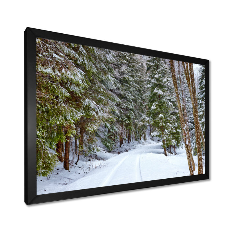«Winter Forest», reproduction d'art sur toile, route enneigée dans la forêt, H 30 po x l 40 po, Avec cadre, Noir
