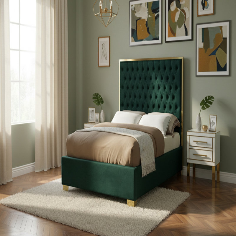 Spadaro Upholstered Platform Bed, Green Velvet, Gold, Full