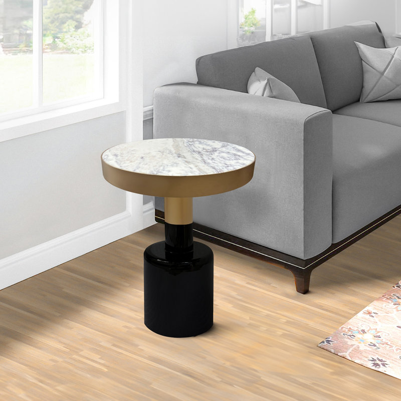 Table de bout ronde de 20 po, plateau en marbre blanc naturel à bande dorée, base en piédestal en fer recouvert d'émail noir