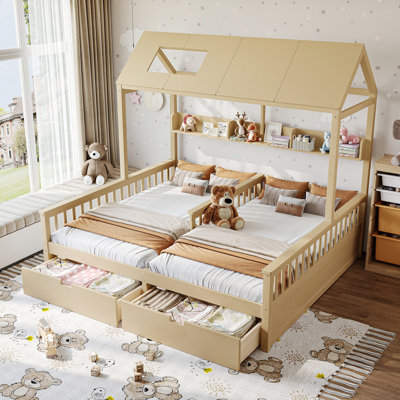 Lit plateforme double House-Style avec tablettes et tiroirs de rangement