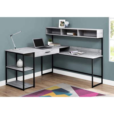 Bureau de coin en L pour bureau à domicile avec rangement, revêtement stratifié gris et structure en métal noir. Bureau de coin contemporain, finition, structure, grand espace de rangement.