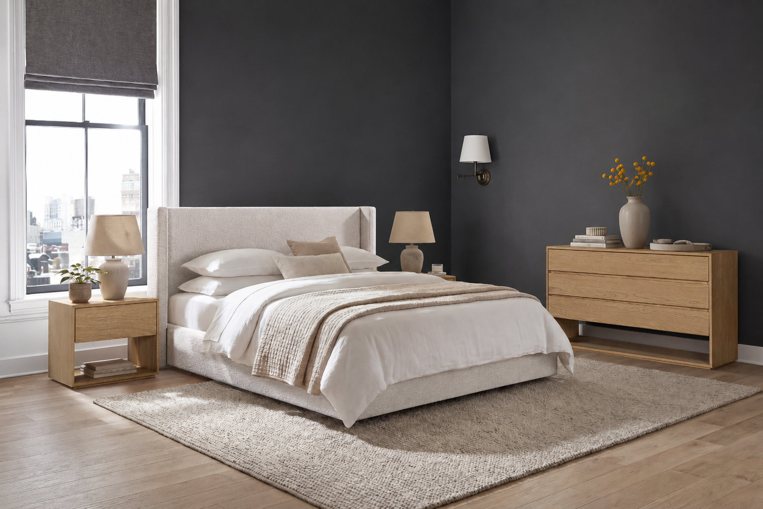 Mele Linen Upholstered Wingback Bed, Ivory Boucle, Queen