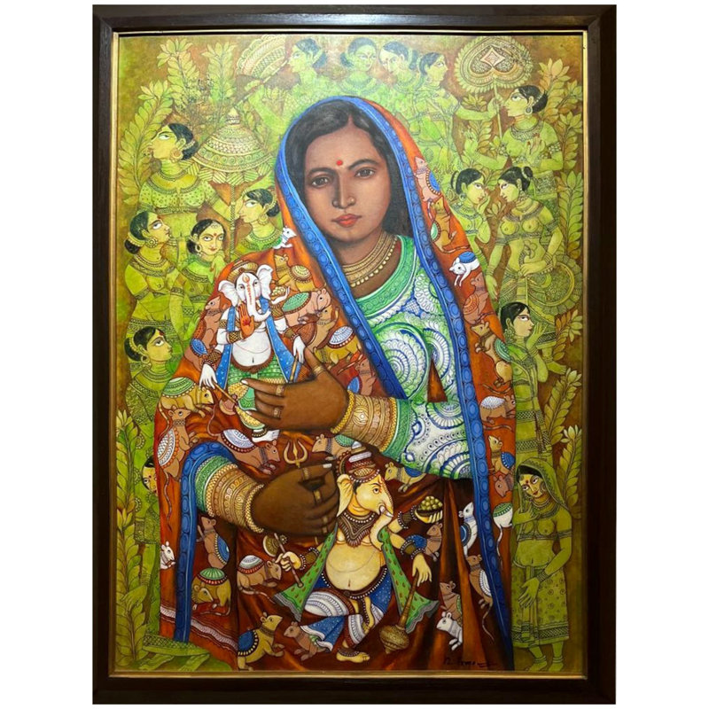 Dévot du dieu Ganesha | Acrylique sur toile | Par Nikunja Bihari Das | Avec cadre