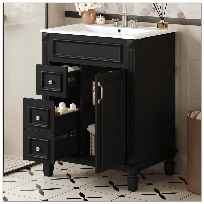 Petit meuble-lavabo en céramique 2 tiroirs, Noir