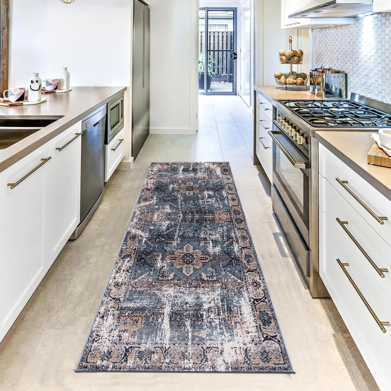 Floral Oushak Area Rug, Navy, Runner 80 cm x 300 cm