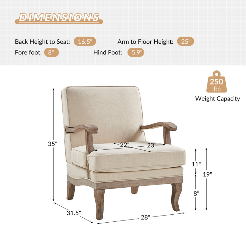 Fauteuil de ferme en polyester de 28 po avec pieds en bois massif Amilio, Lin lin