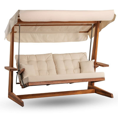 Triple chaise de jardin beige, 93,3 x 76,8 x 46,1 pouces | Structure 100% bois Iroko, tissu 100% imperméable Etisilk | Dossier réglable à 5 niveaux, facile à nettoyer, résistant aux rayons UV, capacité de 880 lb | Parfait pour la détente en plein air