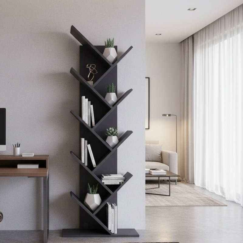  Bibliothèque moderne en bois à 9 niveaux pour la maison et le bureau, Gris