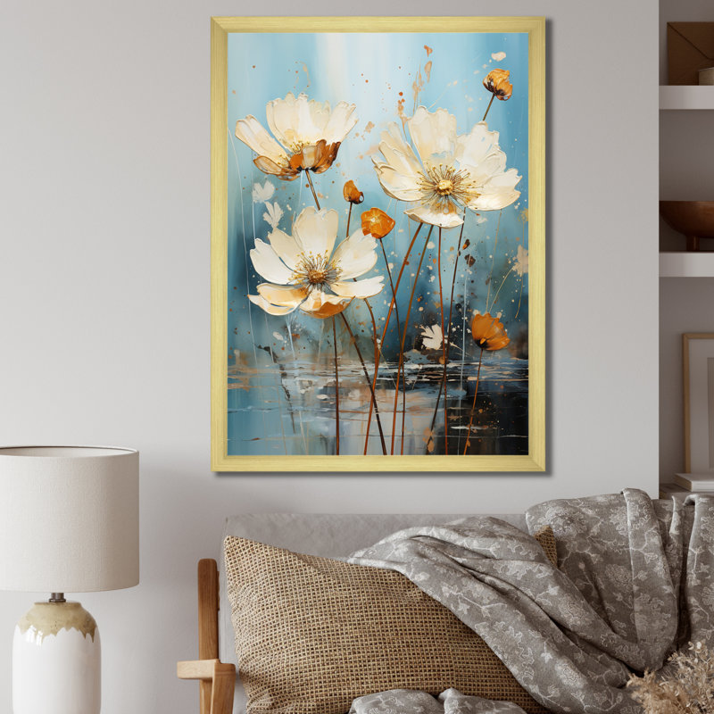«Daisy Blossoming» en bleu sarcelle - impression, H 32 po x l 16 po x P 1 po, Cadre doré à une seule photo