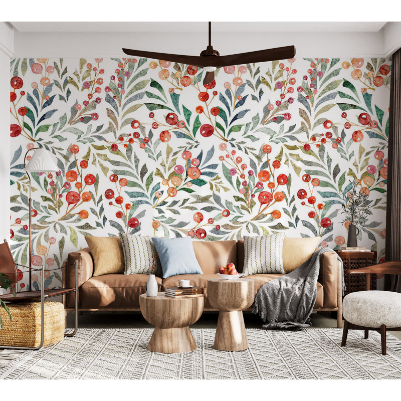 Murale botanique pelez et collez - Feuilles de baies rouges, L 124 po x l 173 po